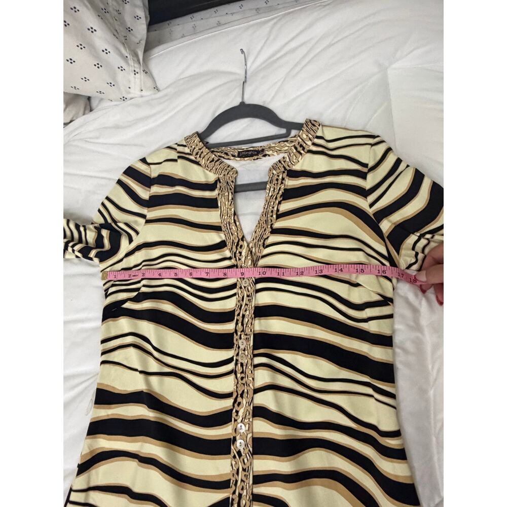 J McLaughlin Dress Small Wavy Stripe Animal Print Trim 3/4 Sleeve Button - Picture 5 of 11